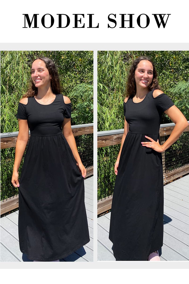 STYLEWORD Womens 2024 Fashion Summer Black Cold Shoulder Short Sleeve Casual Maxi Long Dress with Pocket(Black,XXL) - Image 4